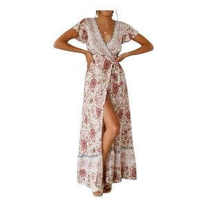 HALCYEEN Elegant Boho Maxi Dress with Flowing Silhouette White/ red flowers XXL